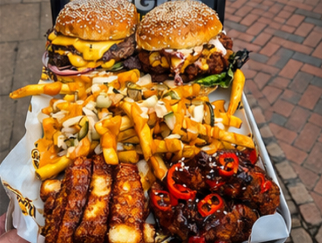A tray of Chuck and Blade burgers, loaded fries and sides