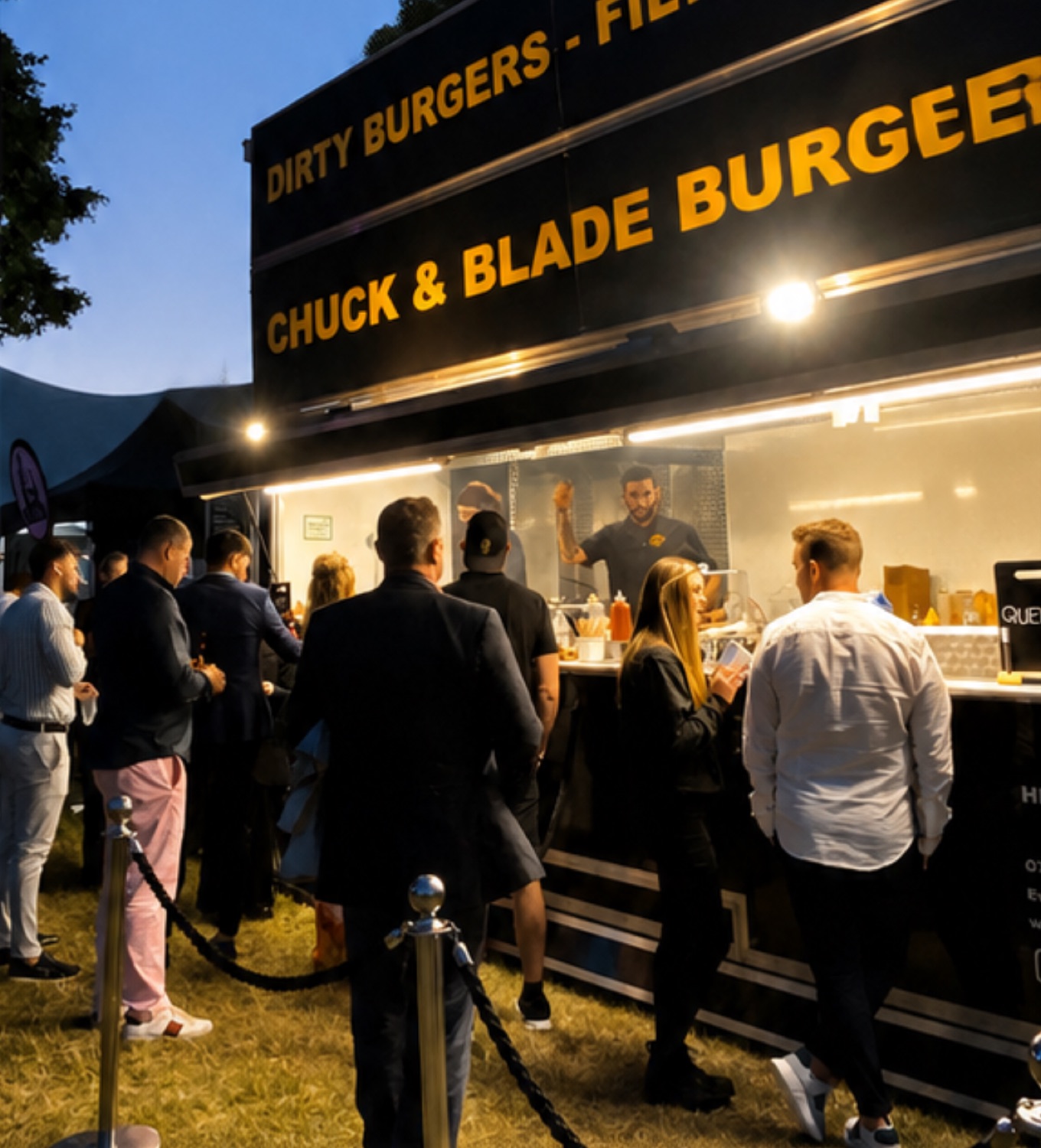 Chuck and Blade trailer serving guests at an evening event